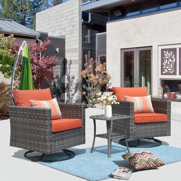Ovios 3 Pieces Outdoor Furniture with 360°Swivel Rocker Chair Wicker Patio Bistro Set with Side Table