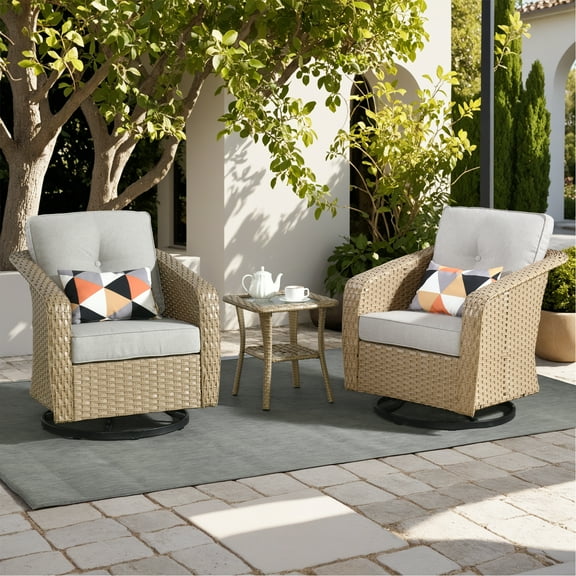 Ovios 3 Pieces Outdoor Patio Furniture All-Weather Wicker Swivel Chair with Side table for Backyard