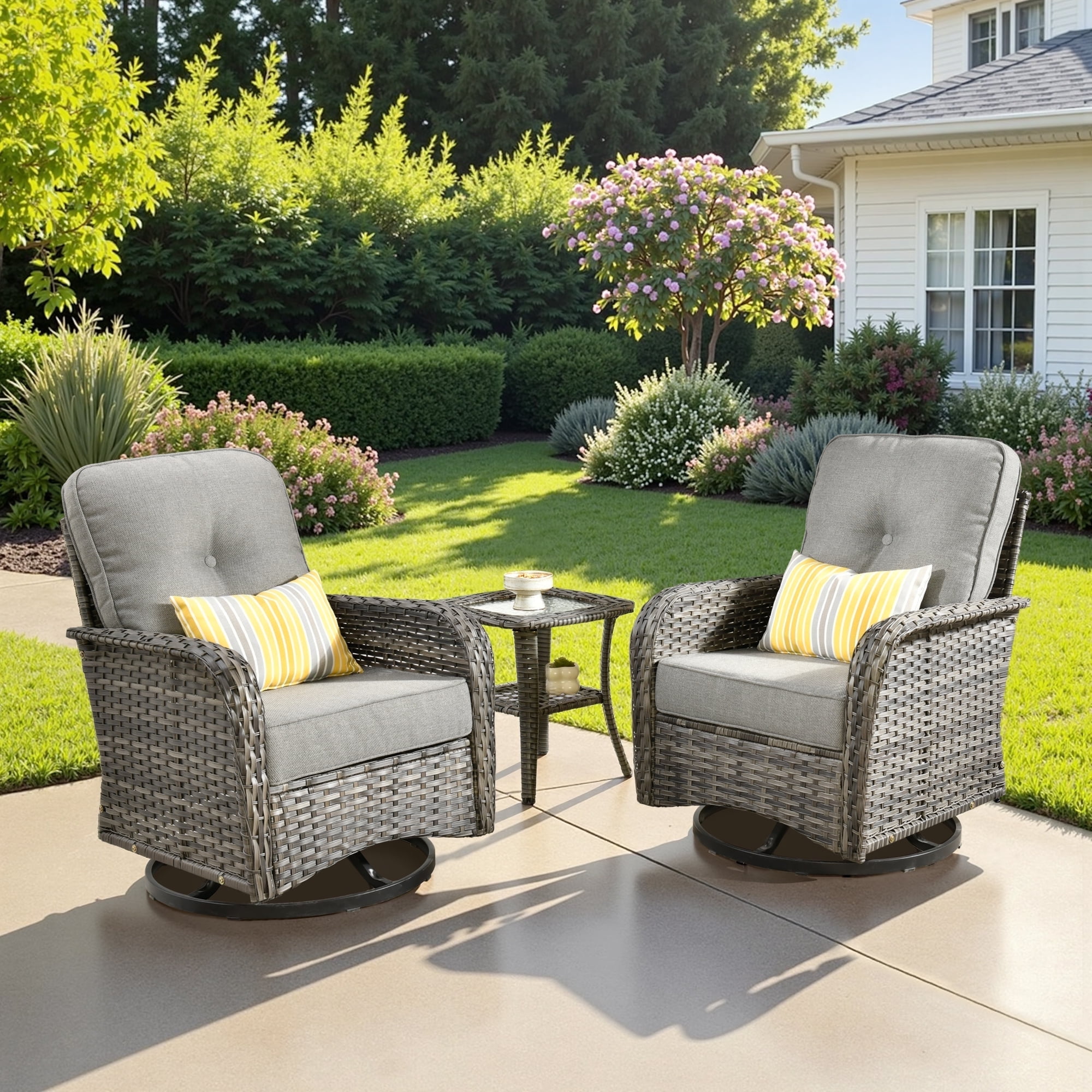 Ovios 3 Pieces Outdoor Patio Furniture Set High Back All Weather Wicker Conversation Set with Swivel Chairs, Dark Gray