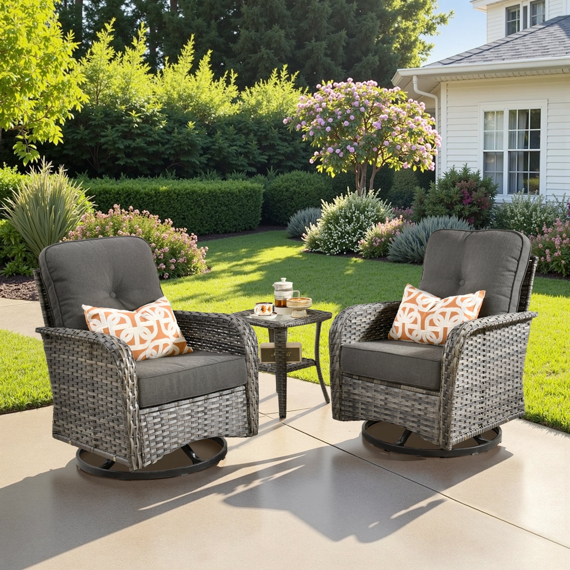 Ovios 3 Pieces Outdoor Patio Furniture Set High Back All Weather Wicker Conversation Set with Swivel Chairs, Black