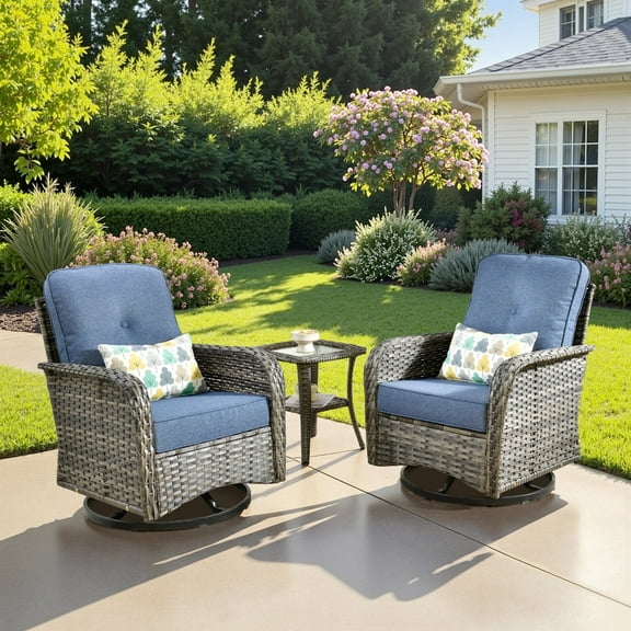 Ovios 3 Pieces Outdoor Patio Furniture Set High Back All Weather Wicker Conversation Set with Swivel Chairs, Denim Blue