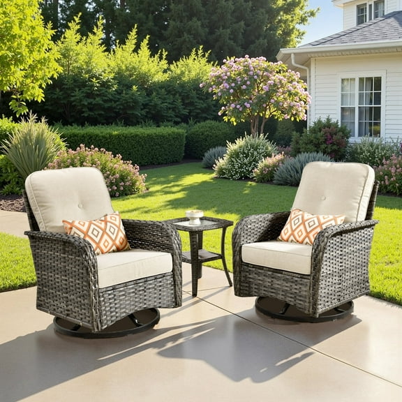Ovios 3 Pieces Outdoor Patio Furniture Set High Back All Weather Wicker Conversation Set with Swivel Chairs, Beige