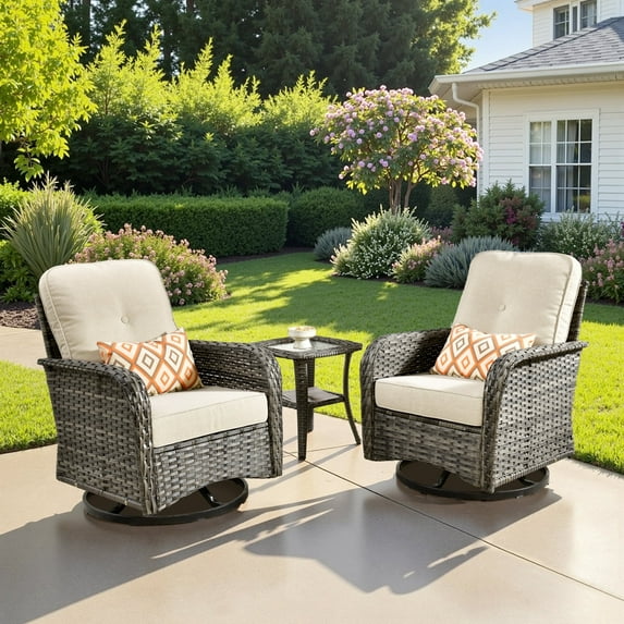 Ovios 3 Pieces Outdoor Patio Furniture Set High Back All Weather Wicker Conversation Set with Swivel Chairs, Beige