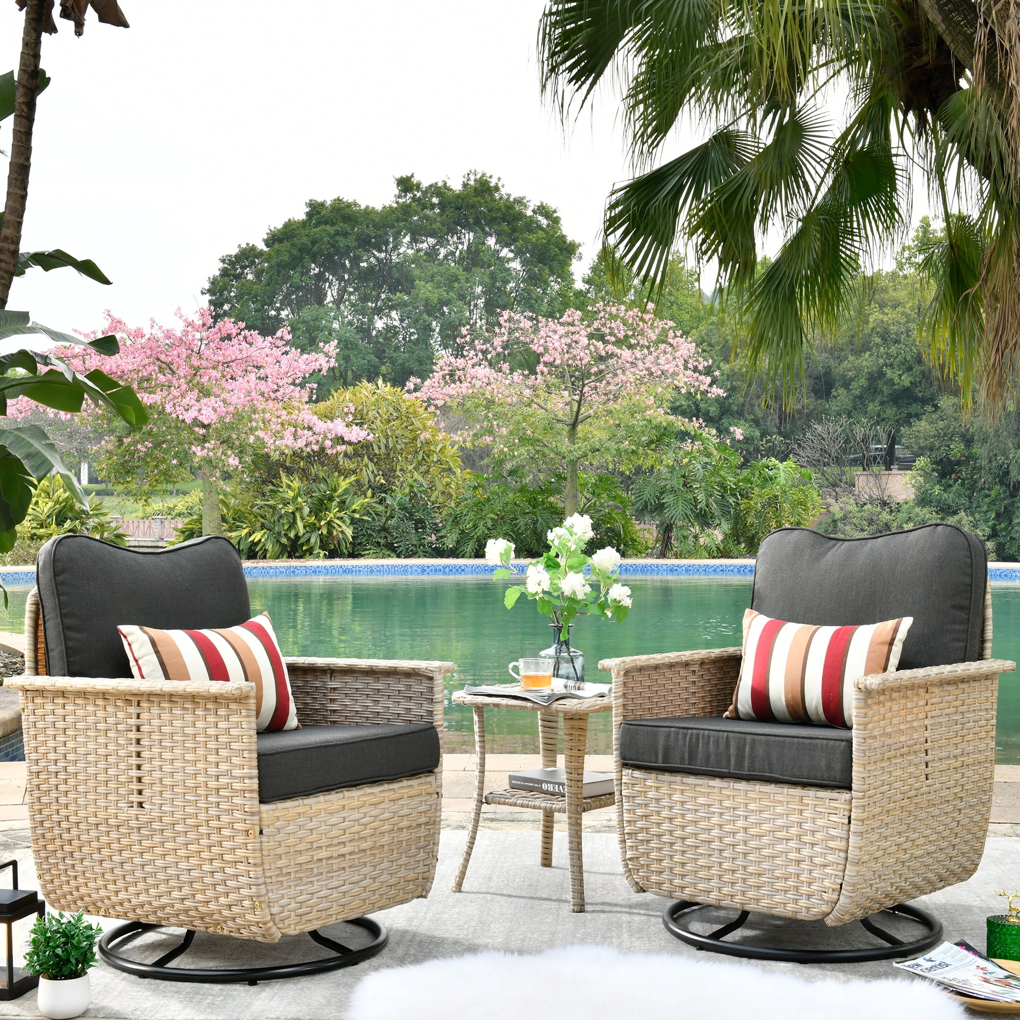 Ovios 3 Pieces Outdoor Patio Furniture Set Wicker Swivel Chair with