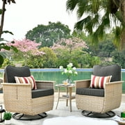 Ovios 3 Pieces Outdoor Patio Furniture Set Wicker Swivel Chair with Storage Box & Black Cushion