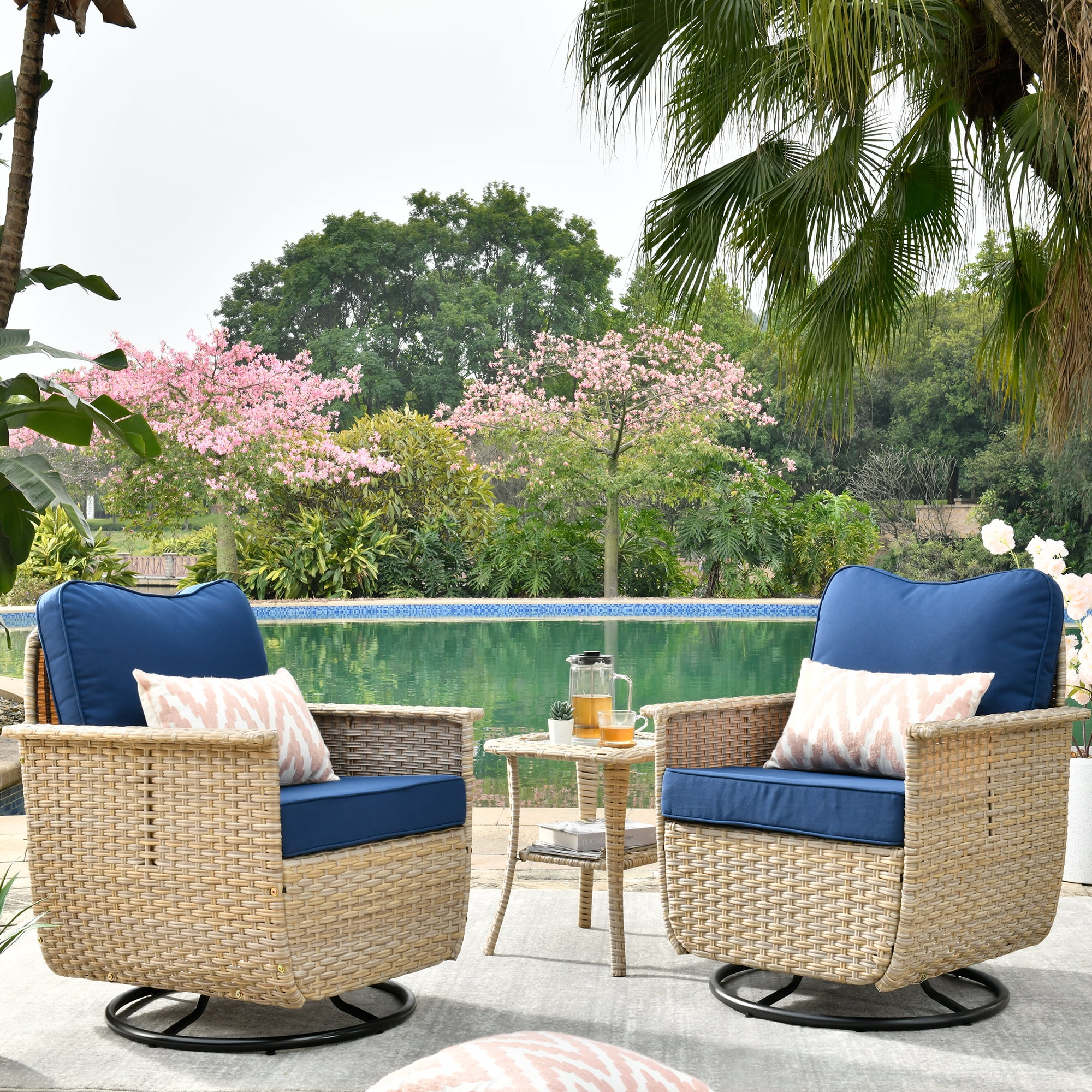 Ovios 3 Pieces Outdoor Patio Furniture Set Wicker Swivel Chair with