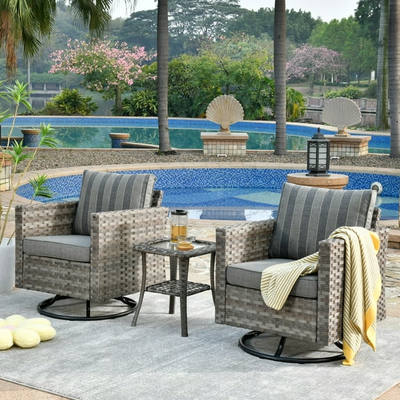 Ovios 3 Pieces Outdoor Patio Furniture Wicker Bistro set with Swivel Chairs and Side Coffee Table for Backyard