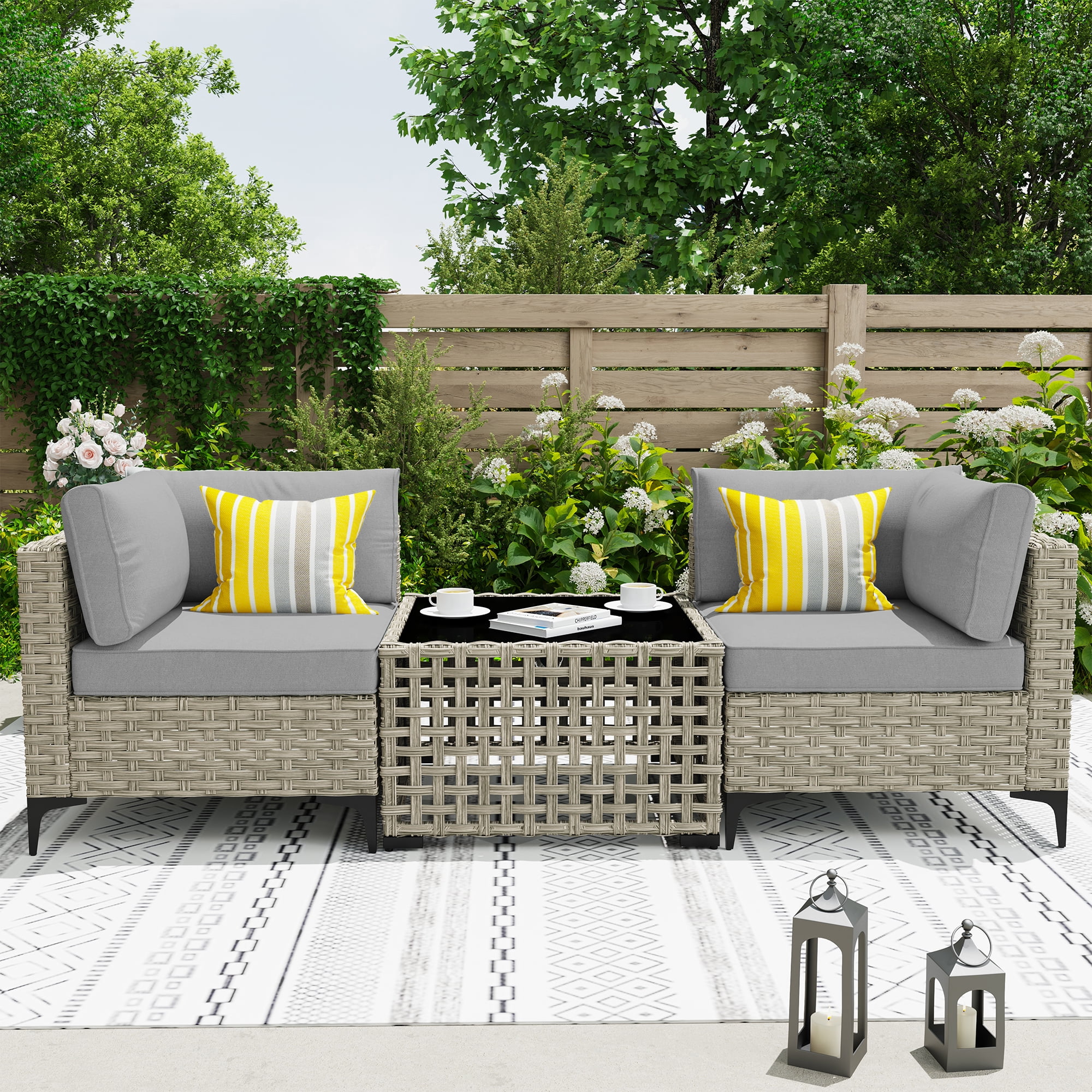 Ovios 3 Pieces Outdoor Patio Sectional Furniture Cushioned PE Rattan Wicker Chairs Conversation Set with Solar Lamps Coffee Table for Backyard