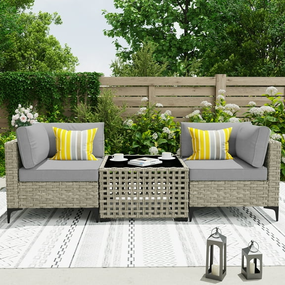 Ovios 3 Pieces Outdoor Patio Sectional Furniture Cushioned PE Rattan Wicker Chairs Conversation Set with Solar Lamps Coffee Table for Backyard