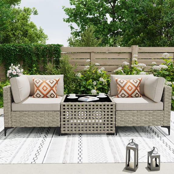 Ovios 3 Pieces Outdoor Patio Sectional Furniture Cushioned PE Rattan Wicker Chairs Conversation Set with Solar Lamps Coffee Table for Backyard