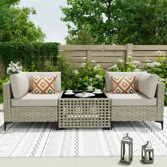 Ovios 3 Pieces Outdoor Patio Sectional Furniture Cushioned PE Rattan Wicker Chairs Conversation Set with Solar Lamps Coffee Table for Backyard