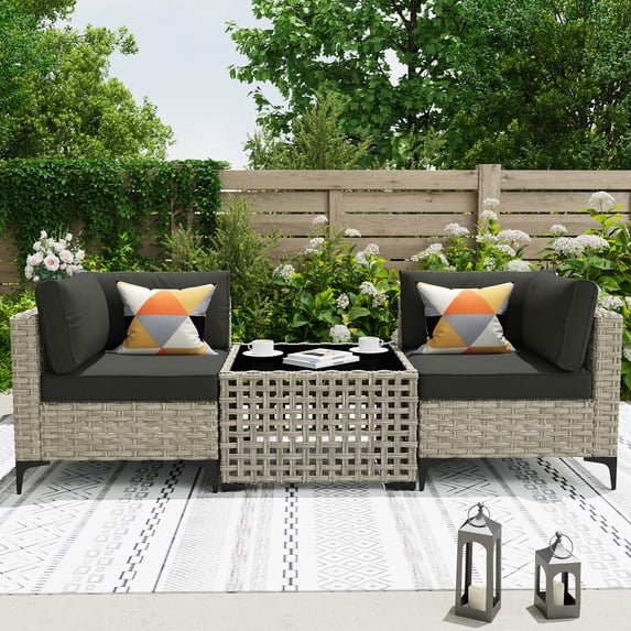 Ovios 3 Pieces Outdoor Patio Sectional Furniture Cushioned PE Rattan Wicker Chairs Conversation Set with Solar Lamps Coffee Table for Backyard