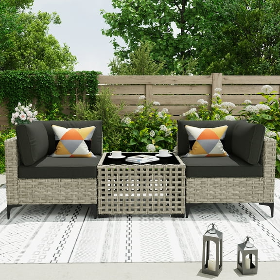 Ovios 3 Pieces Outdoor Patio Sectional Furniture Cushioned PE Rattan Wicker Chairs Conversation Set with Solar Lamps Coffee Table for Backyard