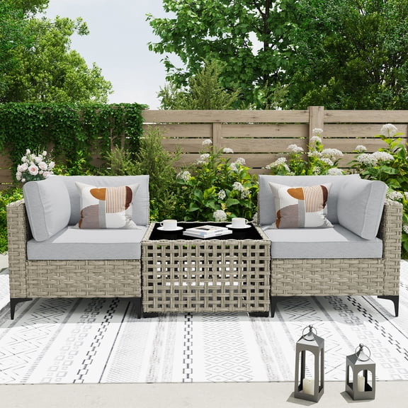 Ovios 3 Pieces Outdoor Patio Sectional Furniture Cushioned PE Rattan Wicker Chairs Conversation Set with Solar Lamps Coffee Table for Backyard