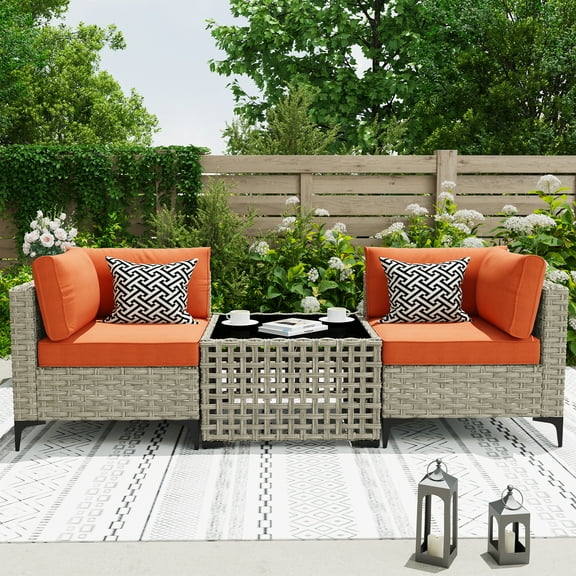 Ovios 3 Pieces Outdoor Patio Sectional Furniture Cushioned PE Rattan Wicker Chairs Conversation Set with Solar Lamps Coffee Table for Backyard