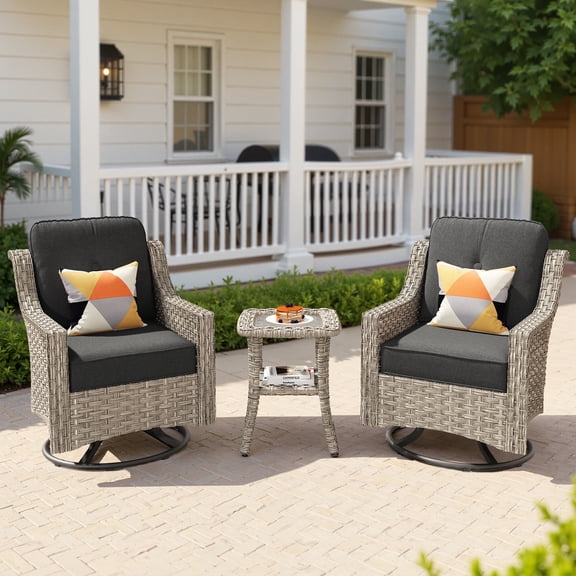Ovios 3 Piece Outdoor Patio Bistro Set All-Weather Wicker Swivel Chairs High-Back Sectional Conversation Furniture for Backyard, Porch, or Garden