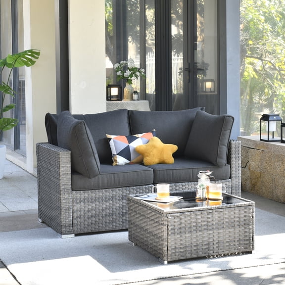 Ovios 3 Pieces Patio Conversation Set All Weather Wicker Sofa with Coffee Table,Black