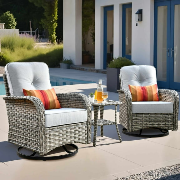 Ovios 3 Pieces Patio Furniture Set 2 Swivel Rocking Chairs Wicker Glider Chairs with Side Table for Backyard or Balcony