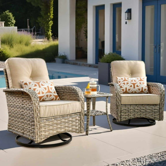 Ovios 3 Pieces Patio Furniture Set 2 Swivel Rocking Chairs Wicker Glider Chairs with Side Table for Backyard or Balcony