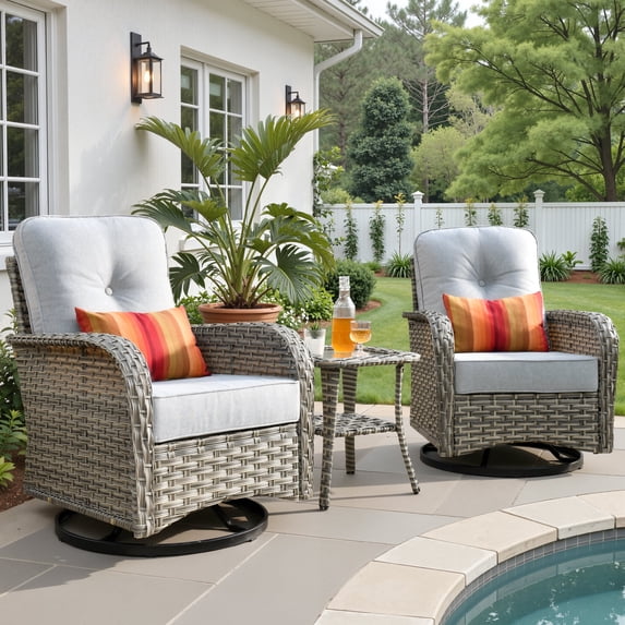 Ovios 3 Pieces Patio Furniture Set 2 Swivel Rocking Chairs Wicker Glider Chairs with Side Table for Backyard or Balcony