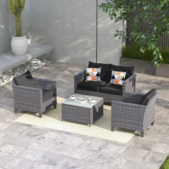 Ovios 4 Pieces Outdoor Patio Furniture Set All-Weather Patio Conversation Wicker Sectional Couch with Coffee Table for Balcony