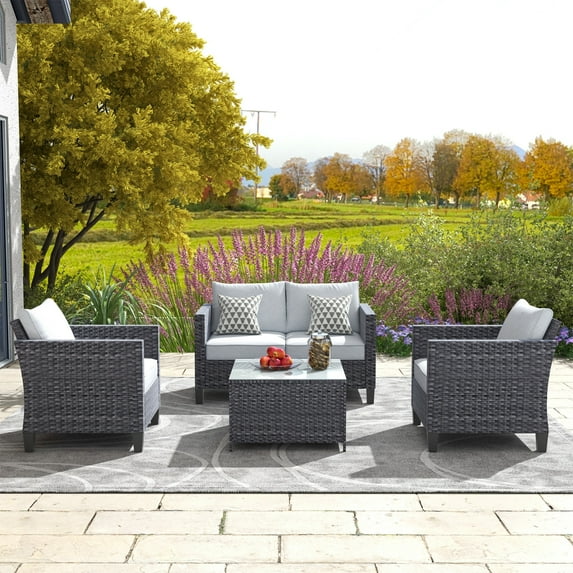 Ovios 4 Pieces Outdoor Patio Furniture Set All-Weather Patio Conversation Wicker Sectional Couch with Coffee Table for Balcony