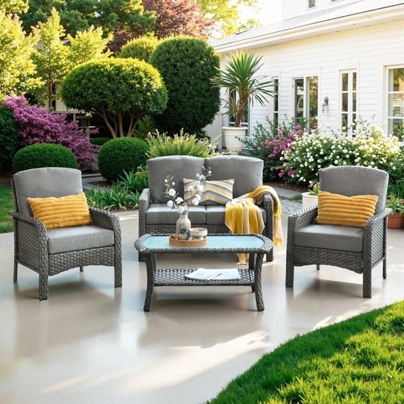 Ovios 4 Pieces Wicker Outdoor Patio Furniture with Coffee Table High Back All Weather Rattan Outdoor Sectional Conversation Set for Backyard Porch Garden, Dark Gray