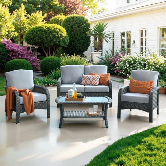 Ovios 4 Pieces Wicker Outdoor Patio Furniture with Coffee Table High Back All Weather Rattan Outdoor Sectional Conversation Set for Backyard Porch Garden, Gray