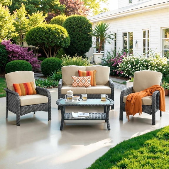 Ovios 4 Pieces Wicker Outdoor Patio Furniture with Coffee Table High Back All Weather Rattan Outdoor Sectional Conversation Set for Backyard Porch Garden, Beige