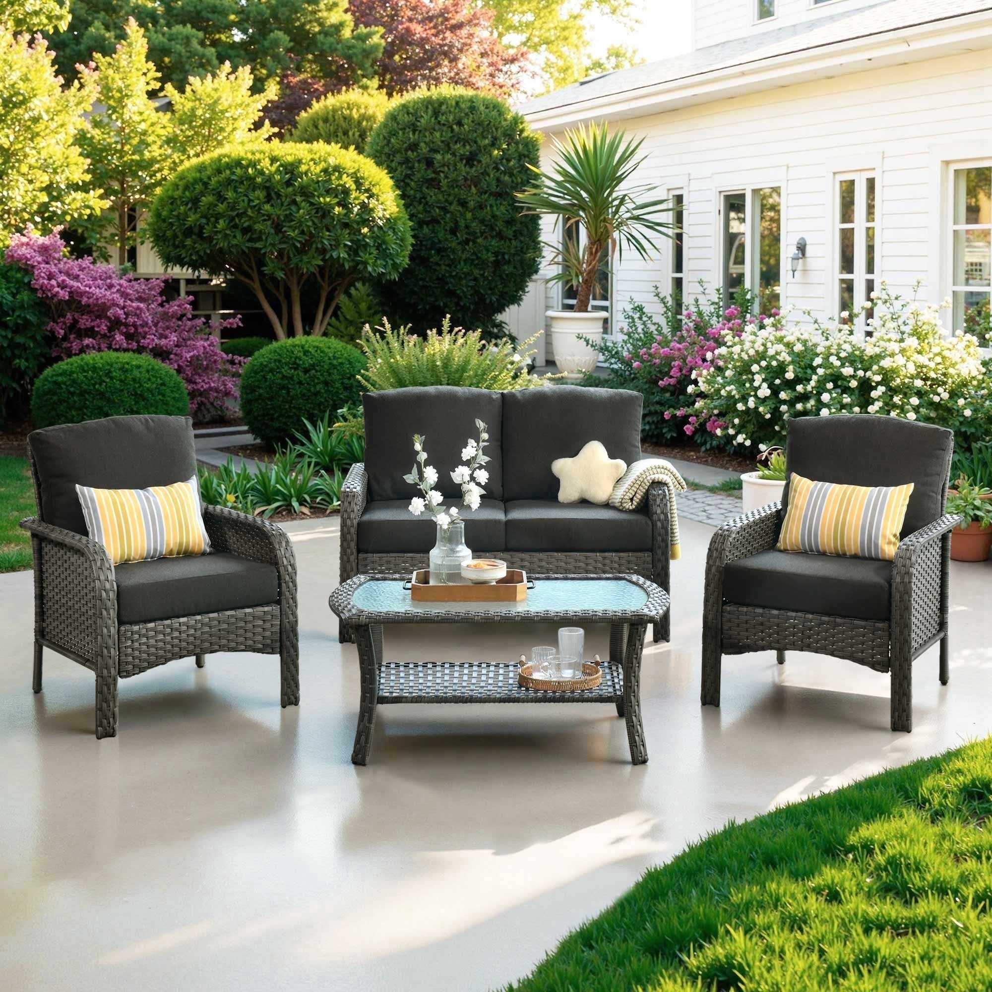 Ovios 4 Pieces Wicker Outdoor Patio Furniture with Coffee Table High Back All Weather Rattan Outdoor Sectional Conversation Set for Backyard Porch Garden, Black