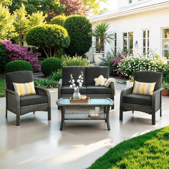 Ovios 4 Pieces Wicker Outdoor Patio Furniture with Coffee Table High Back All Weather Rattan Outdoor Sectional Conversation Set for Backyard Porch Garden, Black