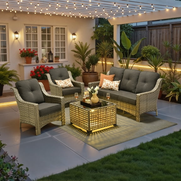 Ovios 4 Pieces Outdoor Furniture Set High Back All-Weather Wicker Patio Conversation Set with Solar Light Coffee Table, Black