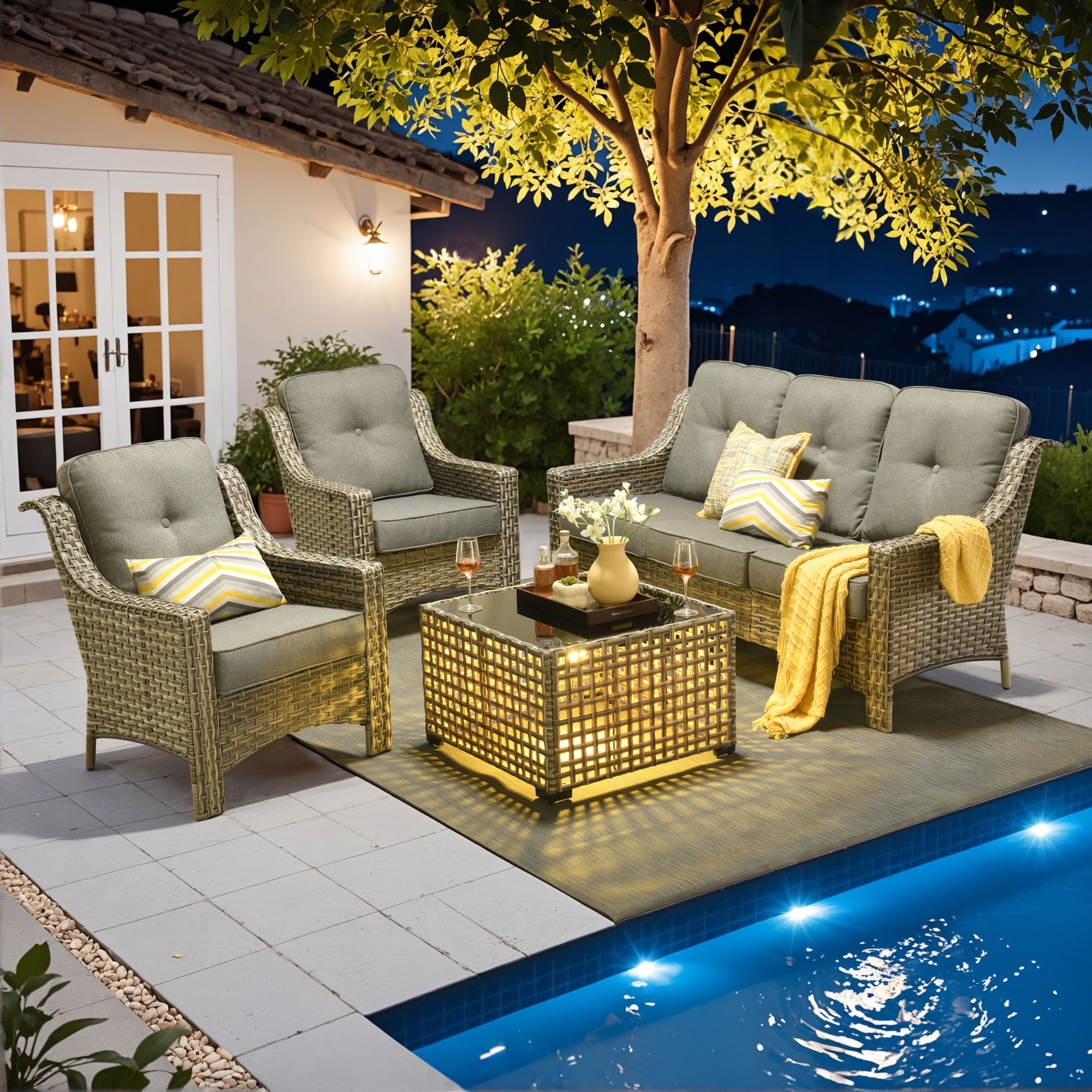 Walmart discounts of Ovios 4-Piece Outdoor Patio Furniture Set, High Back Wicker Sectional Conversation Set with Solar Light Coffee Table, All-Weather Rattan Sofa for Patio, Garden, Backyard, Dark Grey