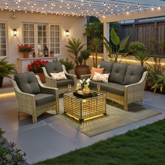 Ovios 4 Pieces Outdoor Furniture Set High Back All-Weather Wicker Patio Conversation Set with Solar Light Coffee Table, Black