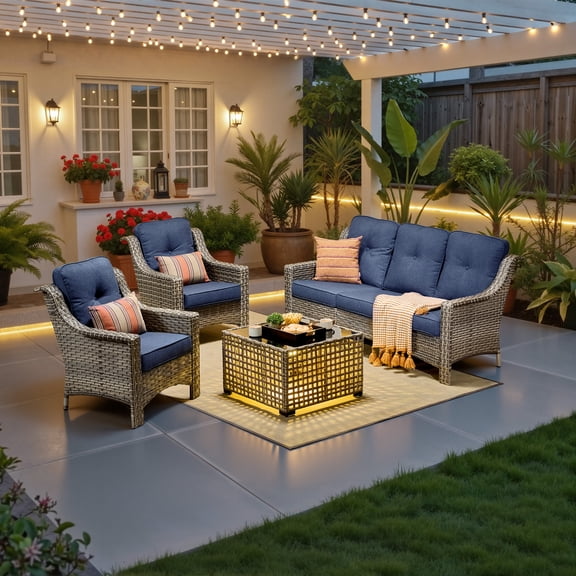 Ovios 4 Pieces Outdoor Furniture Set High Back All-Weather Wicker Patio Conversation Set with Solar Light Coffee Table, Denim Blue