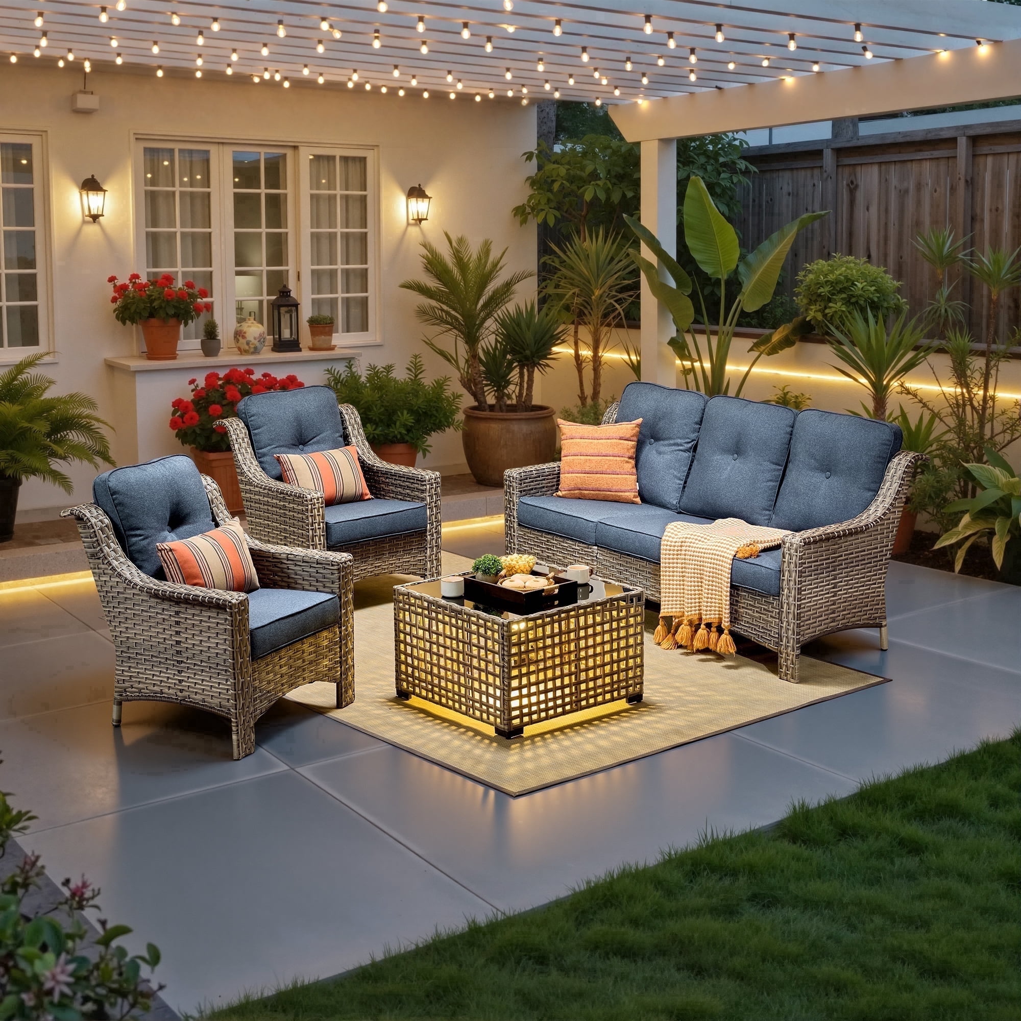 Ovios 4 Pieces Outdoor Furniture Set High Back All-Weather Wicker Patio Conversation Set with Solar Light Coffee Table, Denim Blue