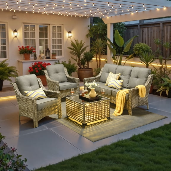 Ovios 4 Pieces Outdoor Furniture Set High Back All-Weather Wicker Patio Conversation Set with Solar Light Coffee Table, Dark Gray