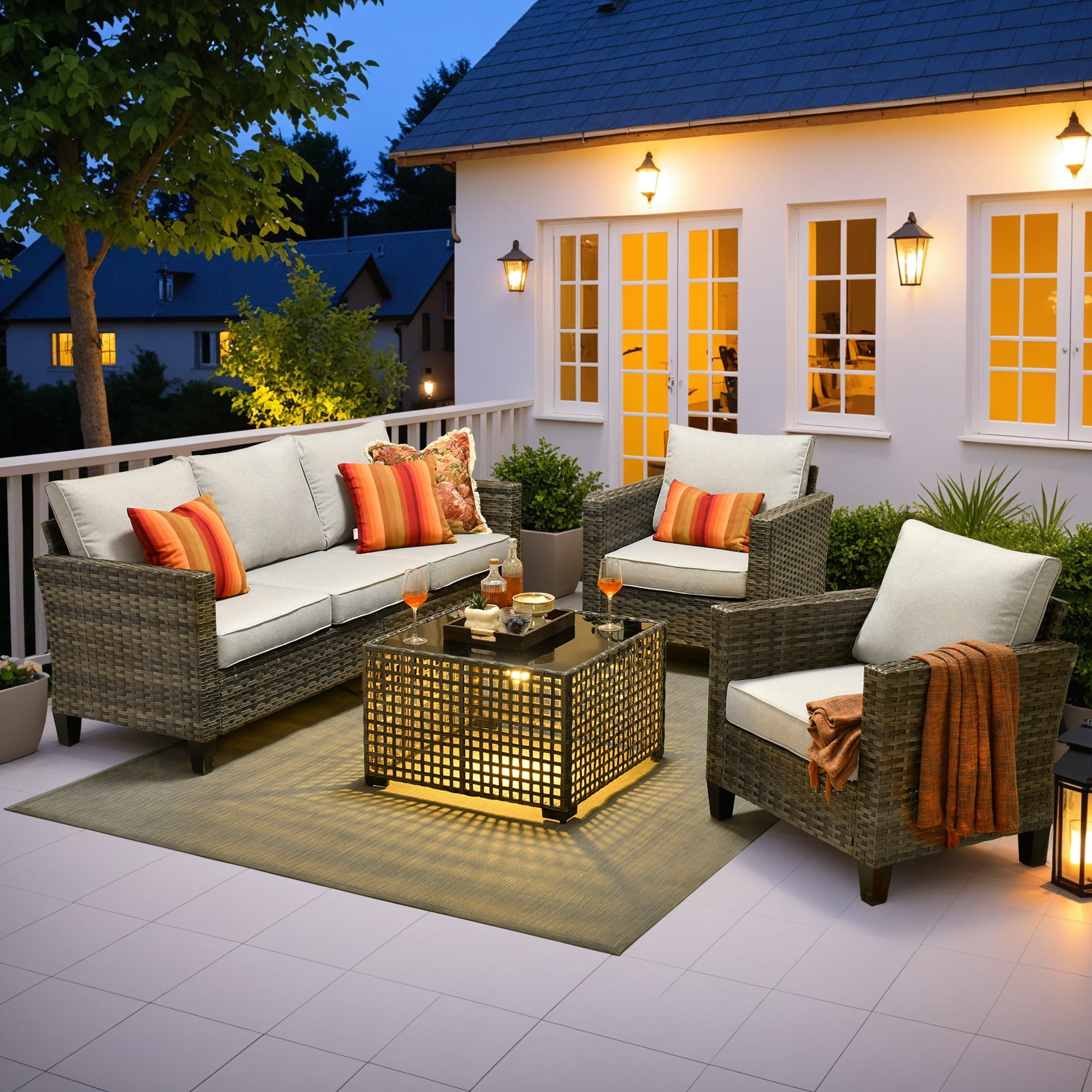 Ovios 4 Pieces Outdoor Patio Furniture Set with Lighted Coffee Table All-Weather Wicker Rattan Conversation Sofa Set, Beige