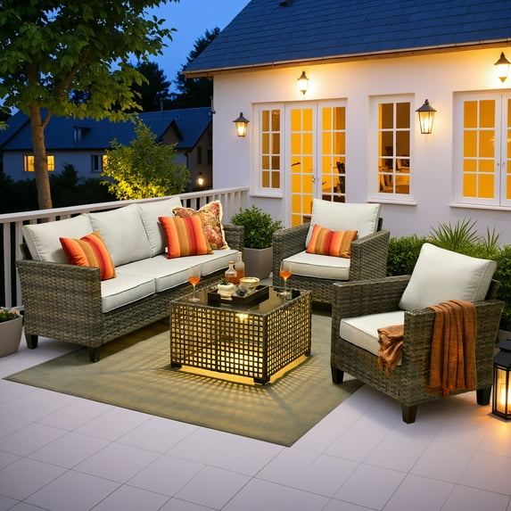 Ovios 4 Pieces Outdoor Patio Furniture Set with Lighted Coffee Table All-Weather Wicker Rattan Conversation Sofa Set, Beige