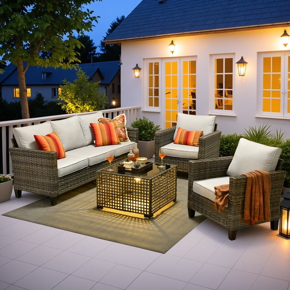 Ovios 4 Pieces Outdoor Patio Furniture Set with Lighted Coffee Table All-Weather Wicker Rattan Conversation Sofa Set, Beige