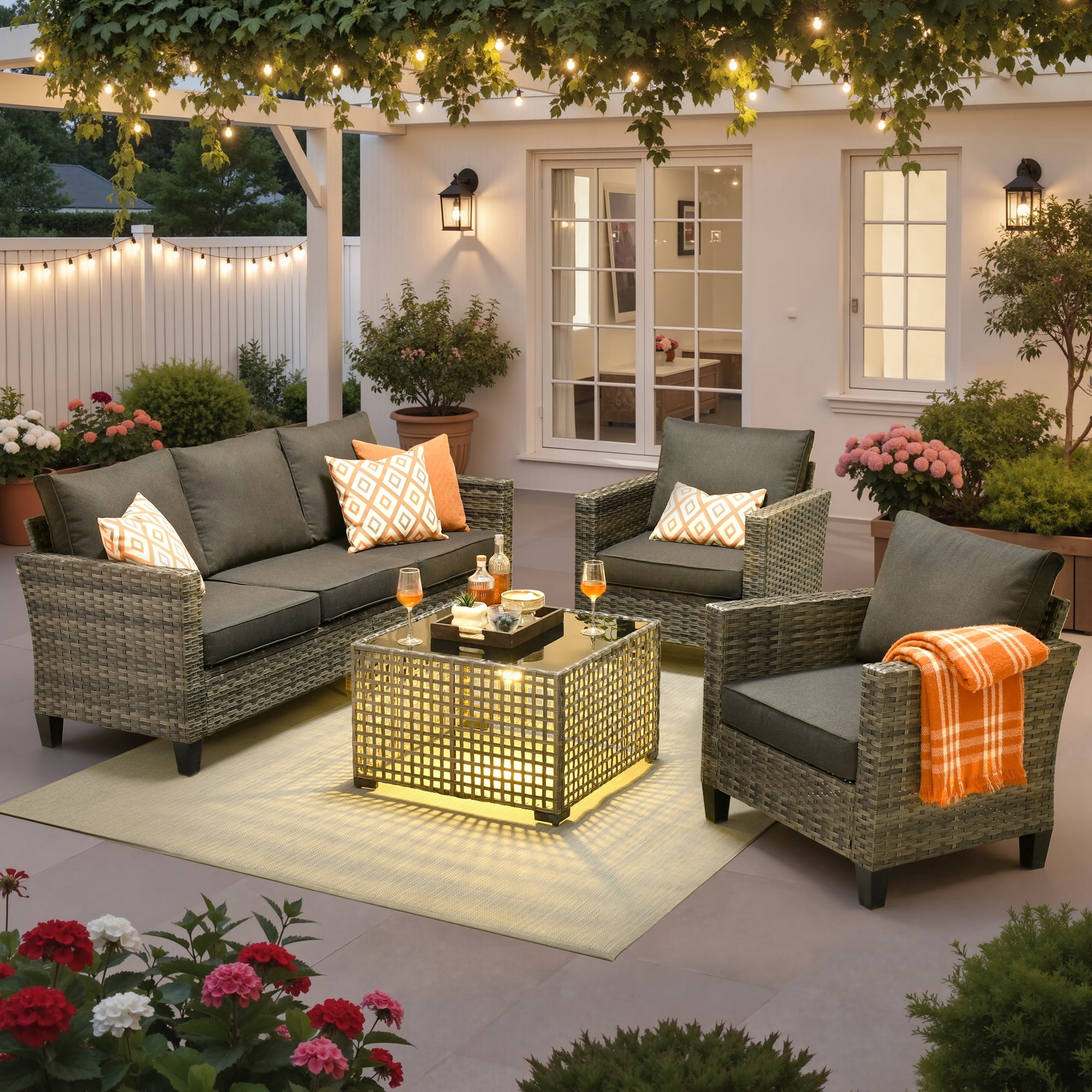Ovios 4 Pieces Outdoor Patio Furniture Set with Lighted Coffee Table All-Weather Wicker Rattan Conversation Sofa Set, Black