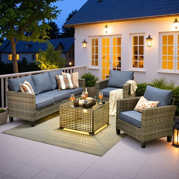 Ovios 4 Pieces Outdoor Patio Furniture Set with Lighted Coffee Table All-Weather Wicker Rattan Conversation Sofa Set, Denim Blue