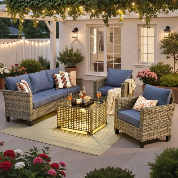 Ovios 4 Pieces Outdoor Patio Furniture Set with Lighted Coffee Table All-Weather Wicker Rattan Conversation Sofa Set, Denim Blue