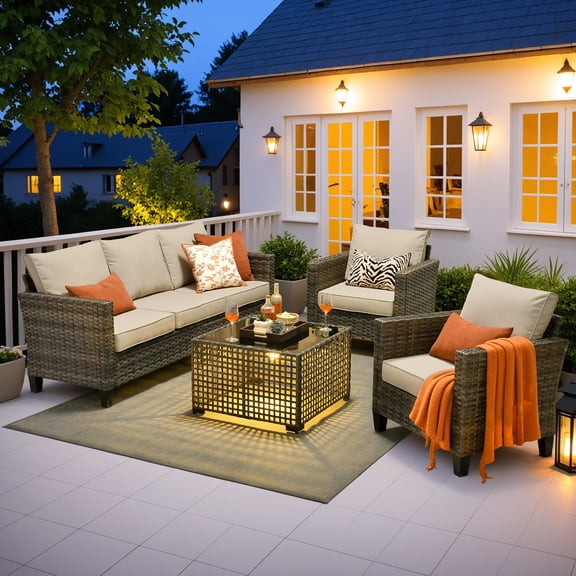 Ovios 4 Pieces Outdoor Patio Furniture Set with Lighted Coffee Table All-Weather Wicker Rattan Conversation Sofa Set, Gray