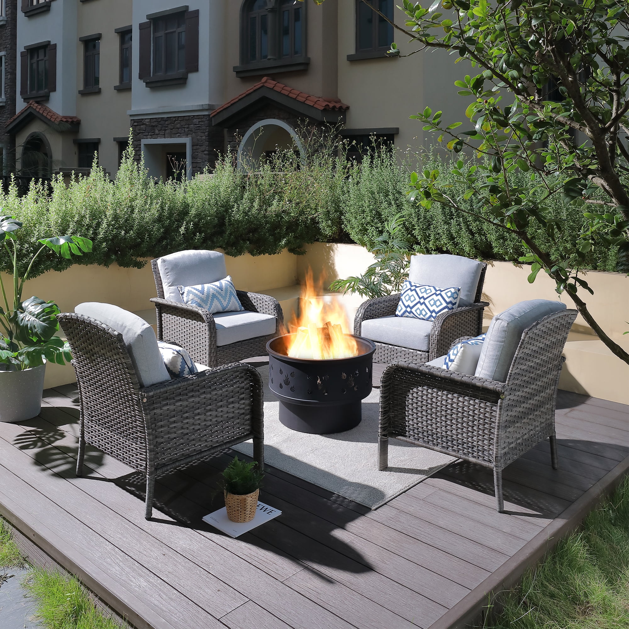 Ovios 4 Pieces Outdoor Patio Furniture with Fire Pit High-Back Wicker