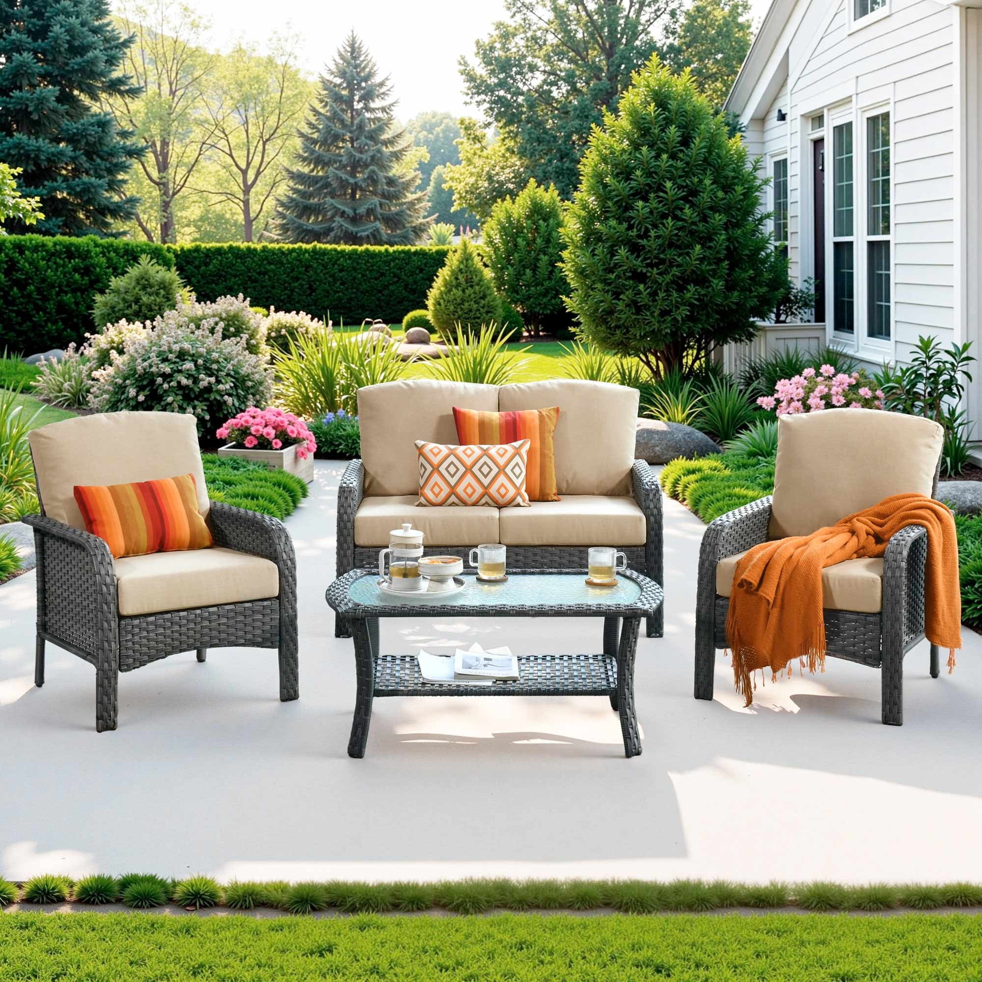 Ovios 4 Pieces Patio Furniture Outdoor Sectional Set Modern High Back All Weather Wicker Conversation Set with Coffee Table for Garden, Backyard, Beige