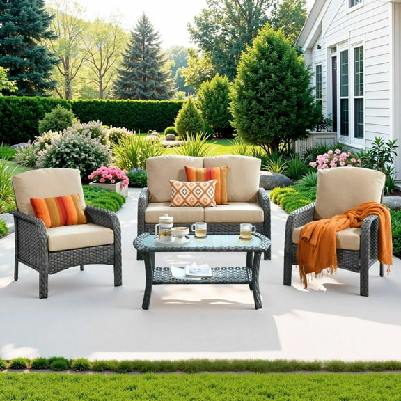 Ovios 4 Pieces Patio Furniture Outdoor Sectional Set Modern High Back All Weather Wicker Conversation Set with Coffee Table for Garden, Backyard, Beige