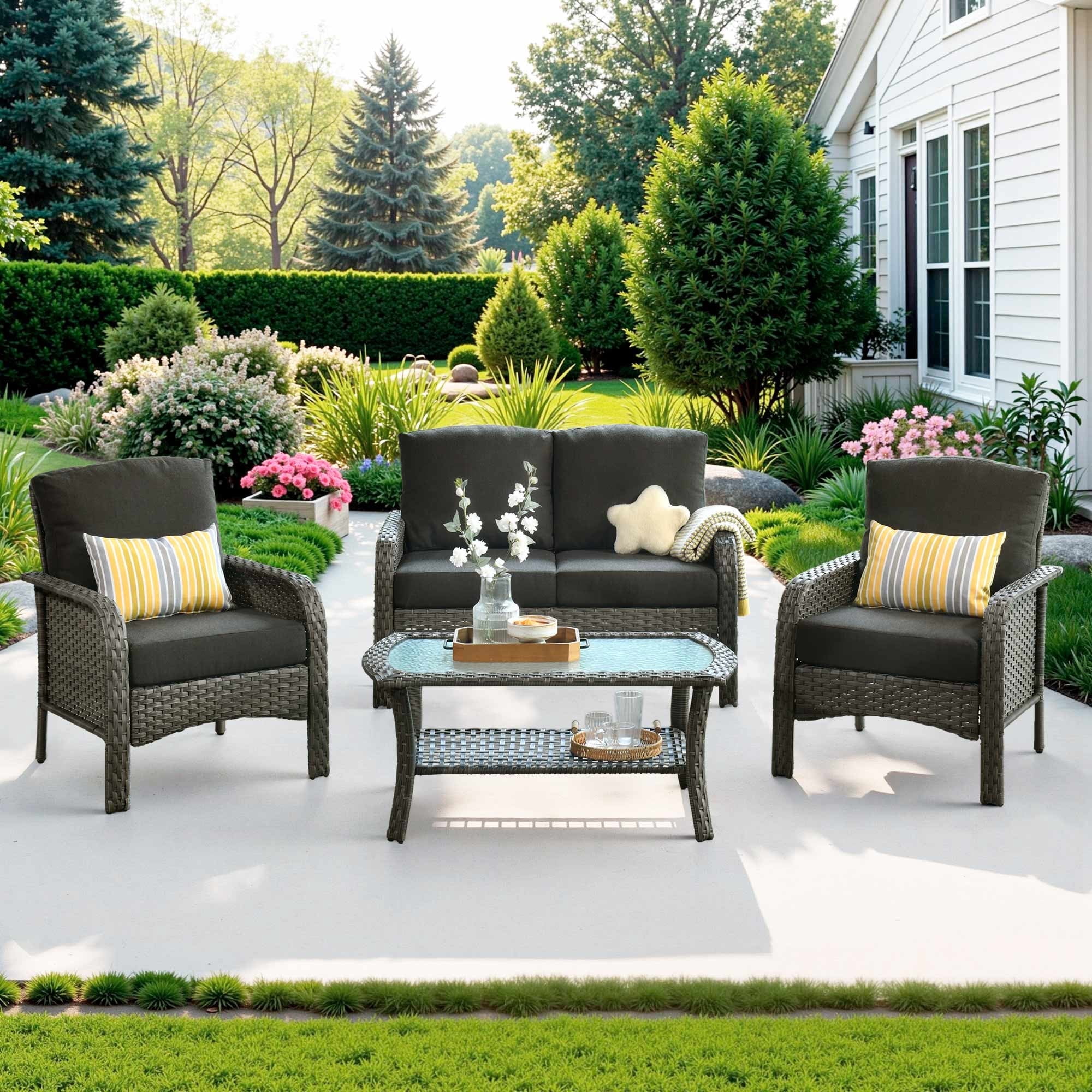 Ovios 4 Pieces Patio Furniture Outdoor Sectional Set Modern High Back All Weather Wicker Conversation Set with Coffee Table for Garden, Backyard, Black