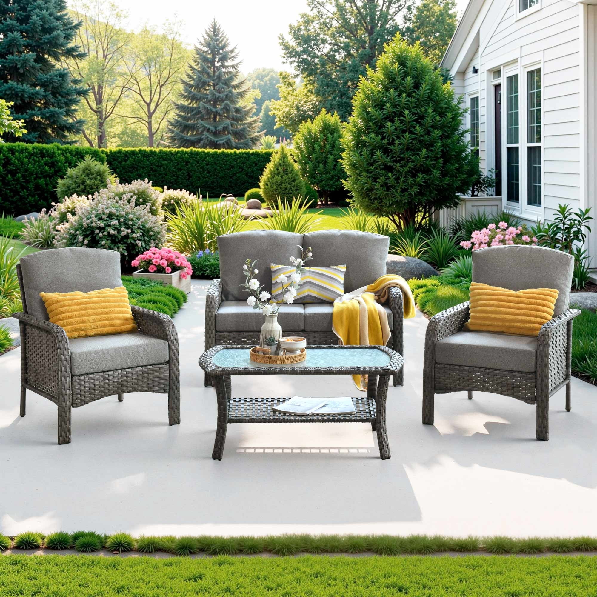 Ovios 4 Pieces Patio Furniture Outdoor Sectional Set Modern High Back All Weather Wicker Conversation Set with Coffee Table for Garden, Backyard, Dark Gray