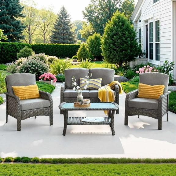 Ovios 4 Pieces Patio Furniture Outdoor Sectional Set Modern High Back All Weather Wicker Conversation Set with Coffee Table for Garden, Backyard, Dark Gray